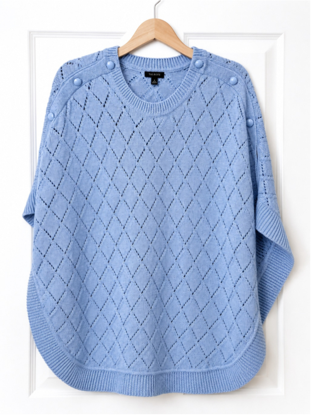 Talbots NWT Light Blue Pointelle Knit Poncho Sweater Women's Small Button Should